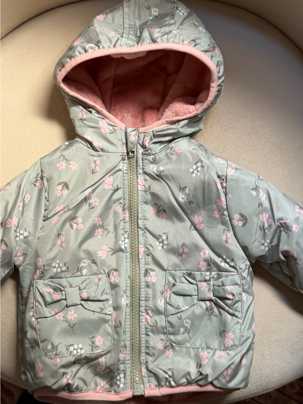 12-18m Penelope Mack Floral Bow Hooded Winter Jacket - Pink & Green - Baby Girl